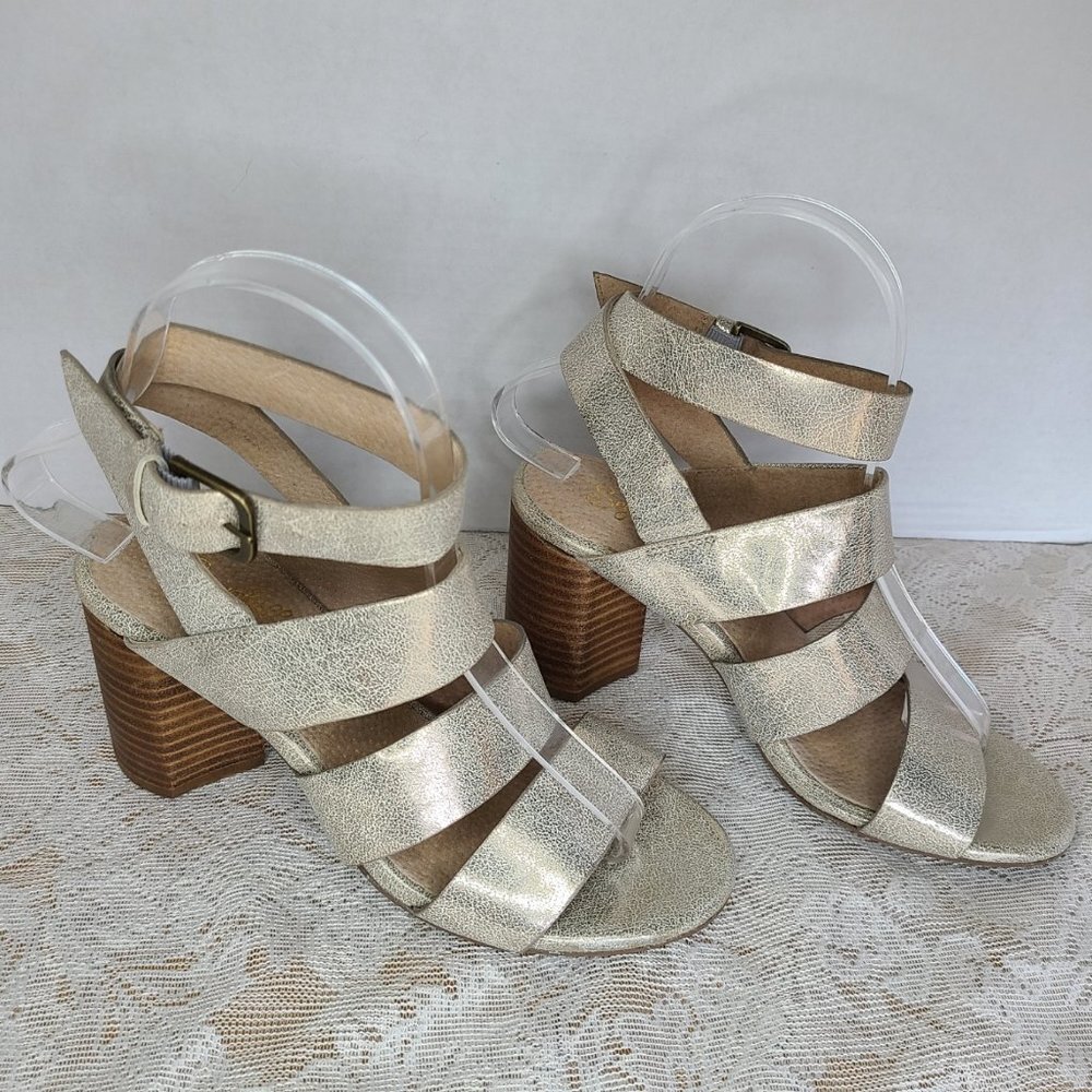 Seychelles Anthropologie metallic leather strappy, stacked heels